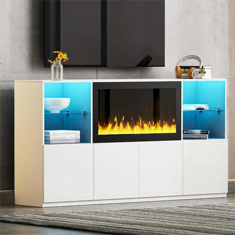 TV Stand with 34.2 Non-heating Electric Fireplace,Entertainment Center with LED Light,Tempered Glass Shelves for TVs up to 75