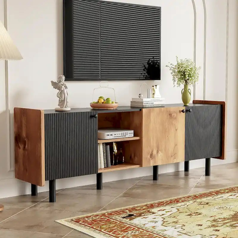 Mid Century TV Stand with 3 Cabinets, Media Console Table for TVs up to 70, Entertainment Center with Storage