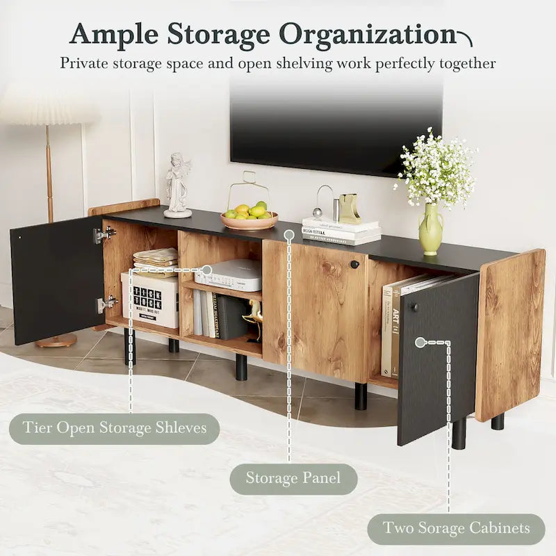 Mid Century TV Stand with 3 Cabinets, Media Console Table for TVs up to 70, Entertainment Center with Storage