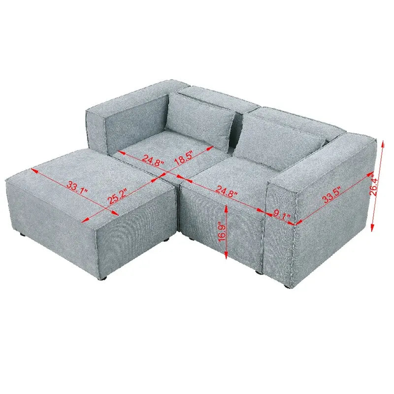 Divano in ciniglia con gambe e pouf