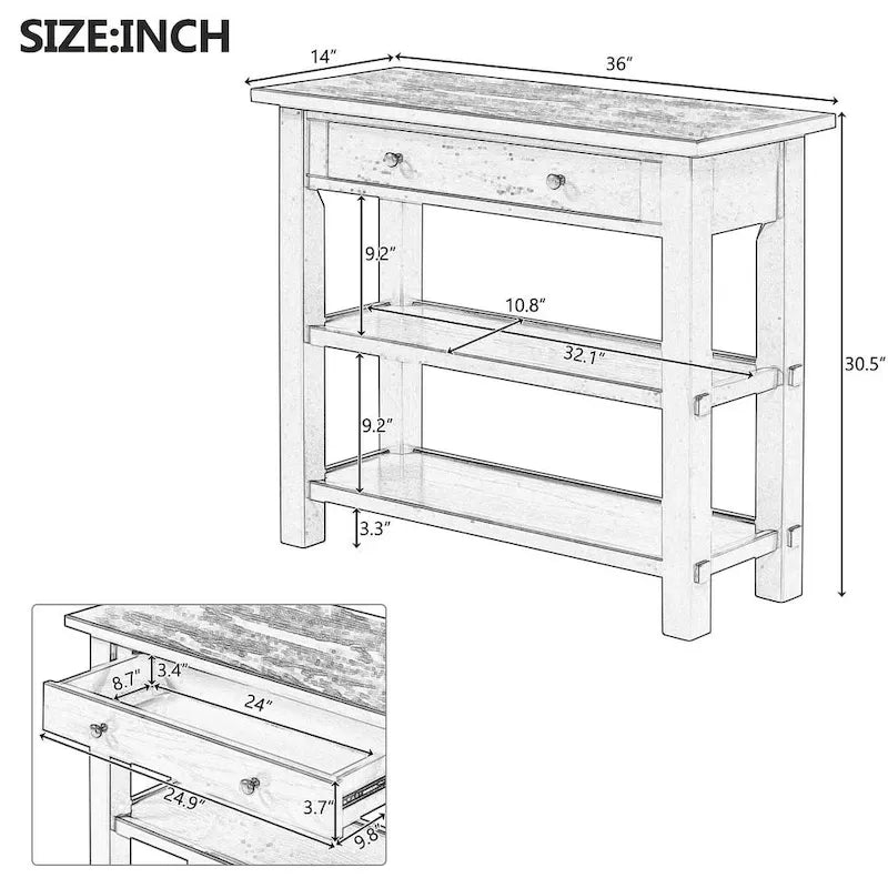 36 Farmhouse Solid Wood Console Table with Drawers and 2 Shelves
