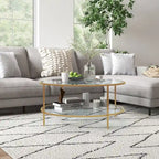 Side Table with Storage, 36 Round End Table, 2-Tier Tempered Glass Coffee Table with Steel Frame for Living Room, Gold