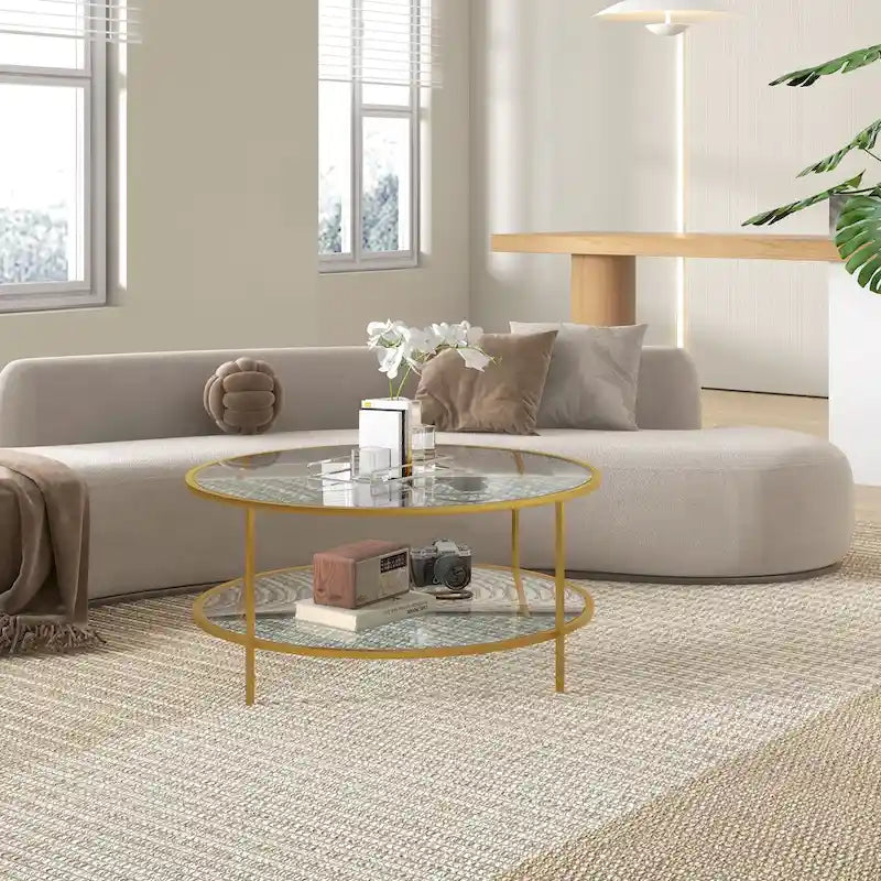 Side Table with Storage, 36 Round End Table, 2-Tier Tempered Glass Coffee Table with Steel Frame for Living Room, Gold