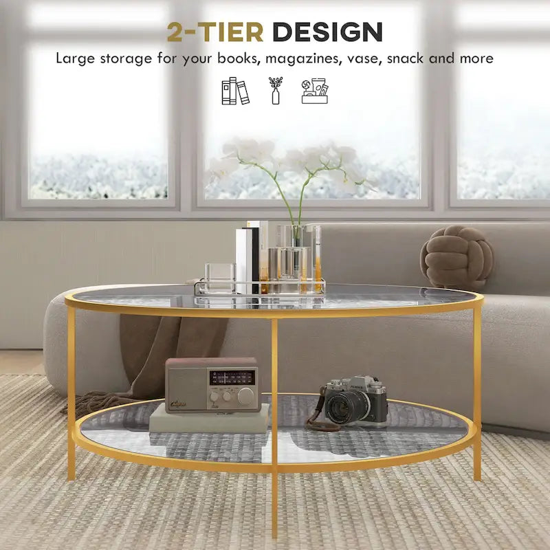 Side Table with Storage, 36 Round End Table, 2-Tier Tempered Glass Coffee Table with Steel Frame for Living Room, Gold