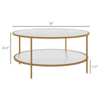 Side Table with Storage, 36 Round End Table, 2-Tier Tempered Glass Coffee Table with Steel Frame for Living Room, Gold