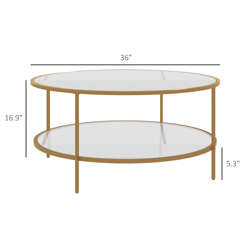 Side Table with Storage, 36 Round End Table, 2-Tier Tempered Glass Coffee Table with Steel Frame for Living Room, Gold