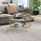 Side Table with Storage, 36 Round End Table, 2-Tier Tempered Glass Coffee Table with Steel Frame for Living Room, Gold