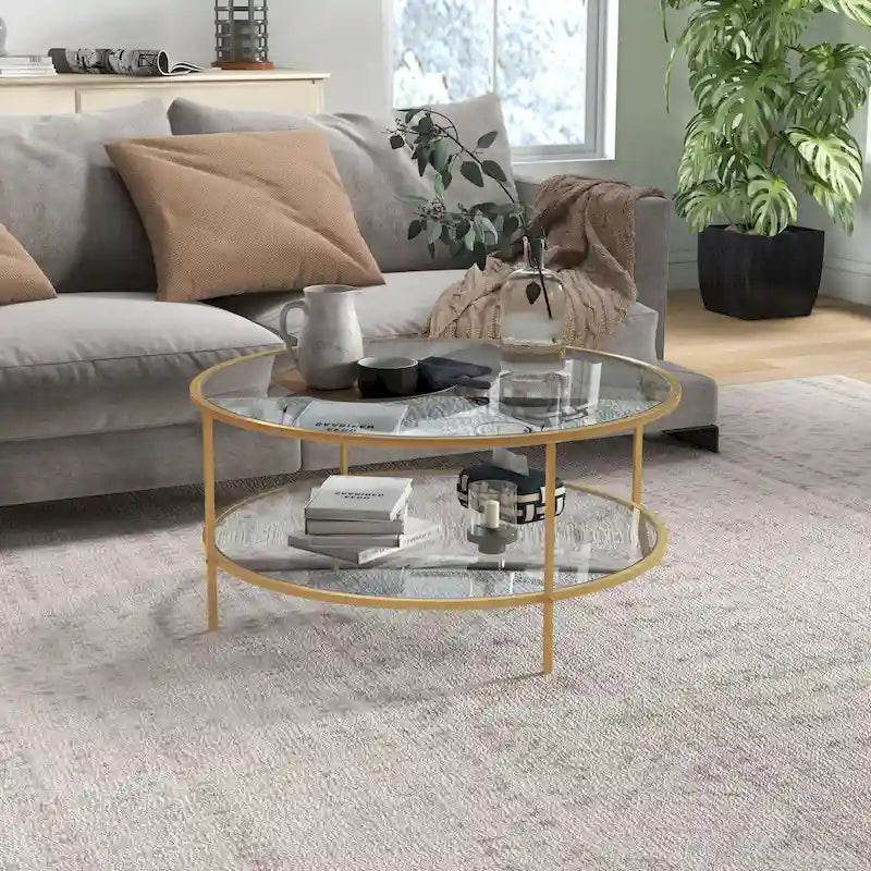 Side Table with Storage, 36 Round End Table, 2-Tier Tempered Glass Coffee Table with Steel Frame for Living Room, Gold
