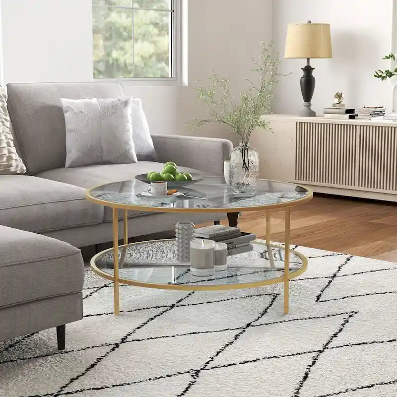 Side Table with Storage, 36 Round End Table, 2-Tier Tempered Glass Coffee Table with Steel Frame for Living Room, Gold