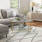 Side Table with Storage, 36 Round End Table, 2-Tier Tempered Glass Coffee Table with Steel Frame for Living Room, Gold