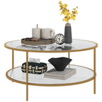 Side Table with Storage, 36 Round End Table, 2-Tier Tempered Glass Coffee Table with Steel Frame for Living Room, Gold