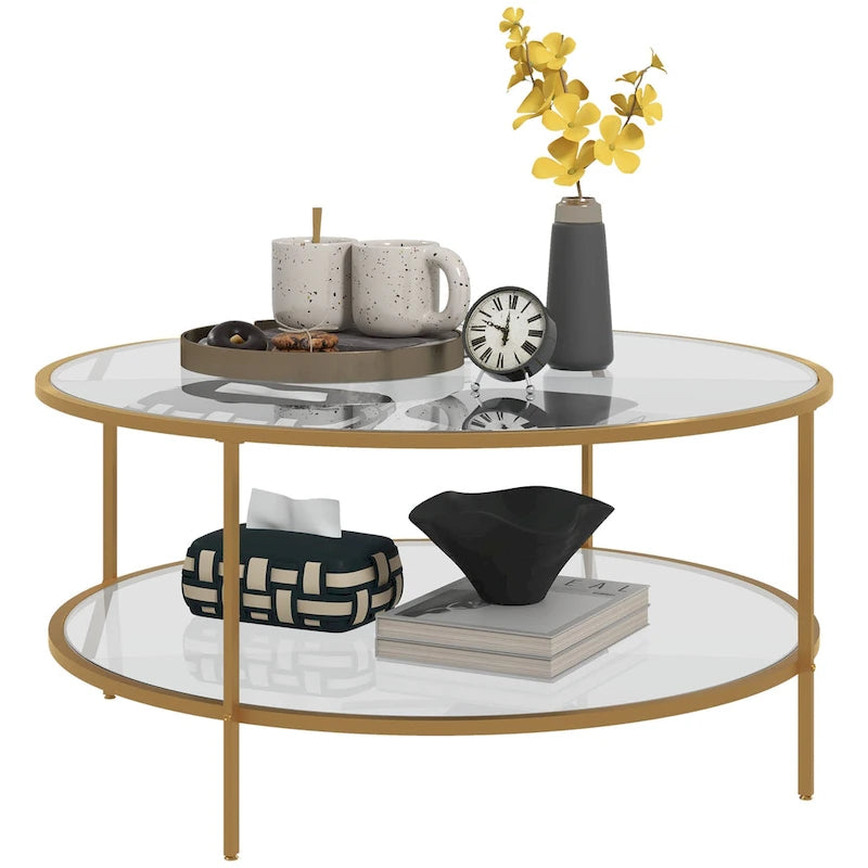 Side Table with Storage, 36 Round End Table, 2-Tier Tempered Glass Coffee Table with Steel Frame for Living Room, Gold