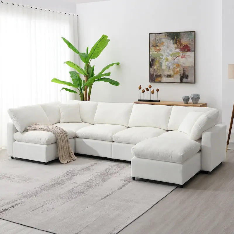 6 Seat Modern Modular Cloud Sofa Bed Chenille Sectional Couch Set with Ottoman