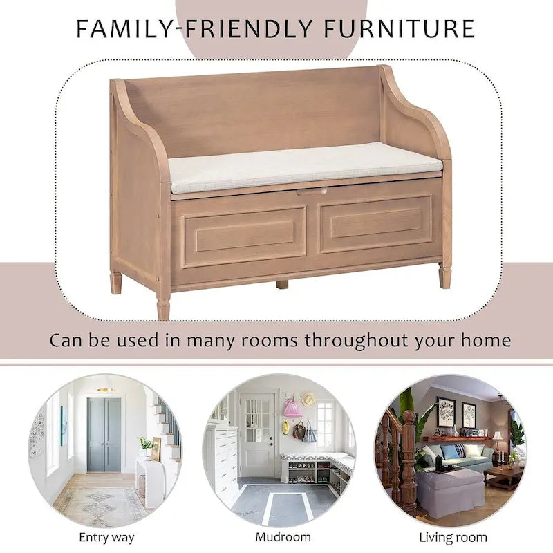 Farmhouse Solid Wood Multi-Purpose Upholstered Storage Bench