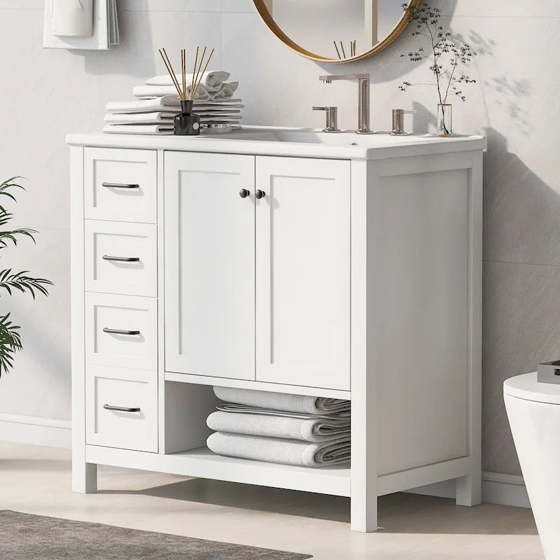 36 Mobile da Bagno Moderno con Lavabo, 2 Armadietti, 2 Maniglie in Metallo e Guide Scorrevoli per Cassetti, Adatto per Spogliatoio Bagno