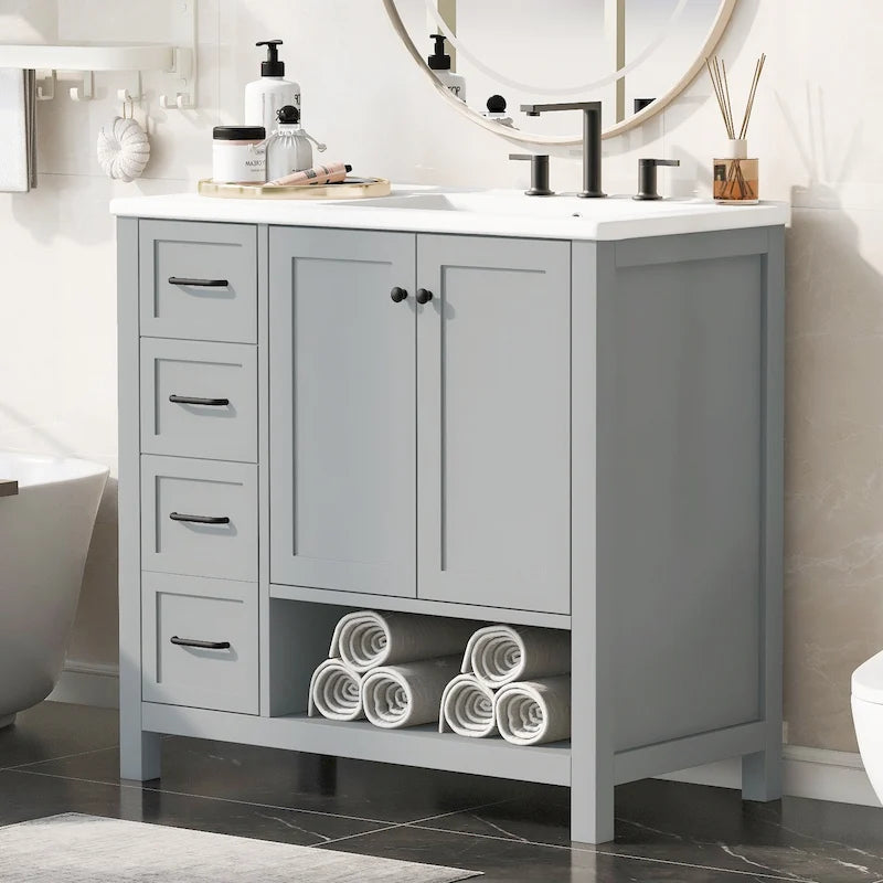 36 Mobile da Bagno Moderno con Lavabo, 2 Armadietti, 2 Maniglie in Metallo e Guide Scorrevoli per Cassetti, Adatto per Spogliatoio Bagno