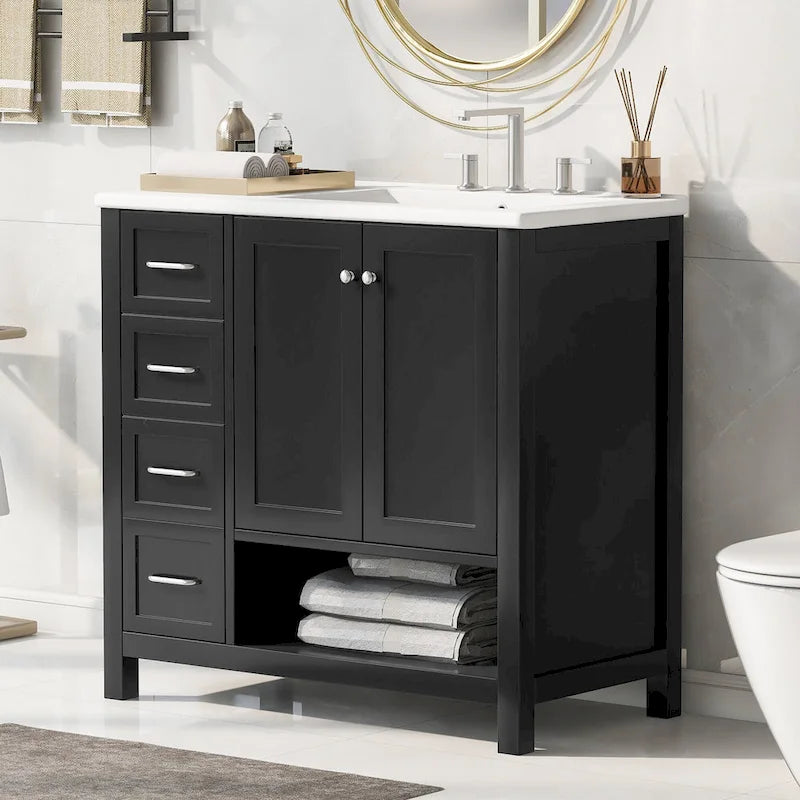 36 Mobile da Bagno Moderno con Lavabo, 2 Armadietti, 2 Maniglie in Metallo e Guide Scorrevoli per Cassetti, Adatto per Spogliatoio Bagno