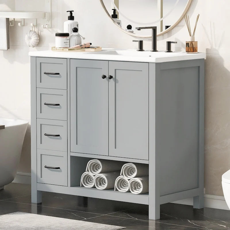 36 Mobile da Bagno Moderno con Lavabo, 2 Armadietti, 2 Maniglie in Metallo e Guide Scorrevoli per Cassetti, Adatto per Spogliatoio Bagno