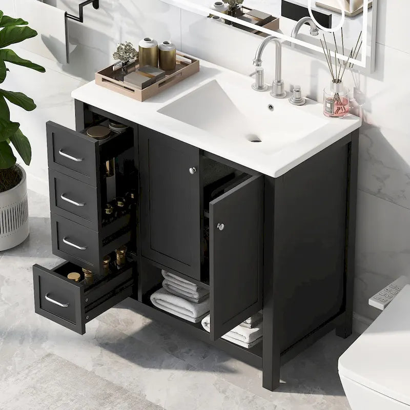 36 Mobile da Bagno Moderno con Lavabo, 2 Armadietti, 2 Maniglie in Metallo e Guide Scorrevoli per Cassetti, Adatto per Spogliatoio Bagno