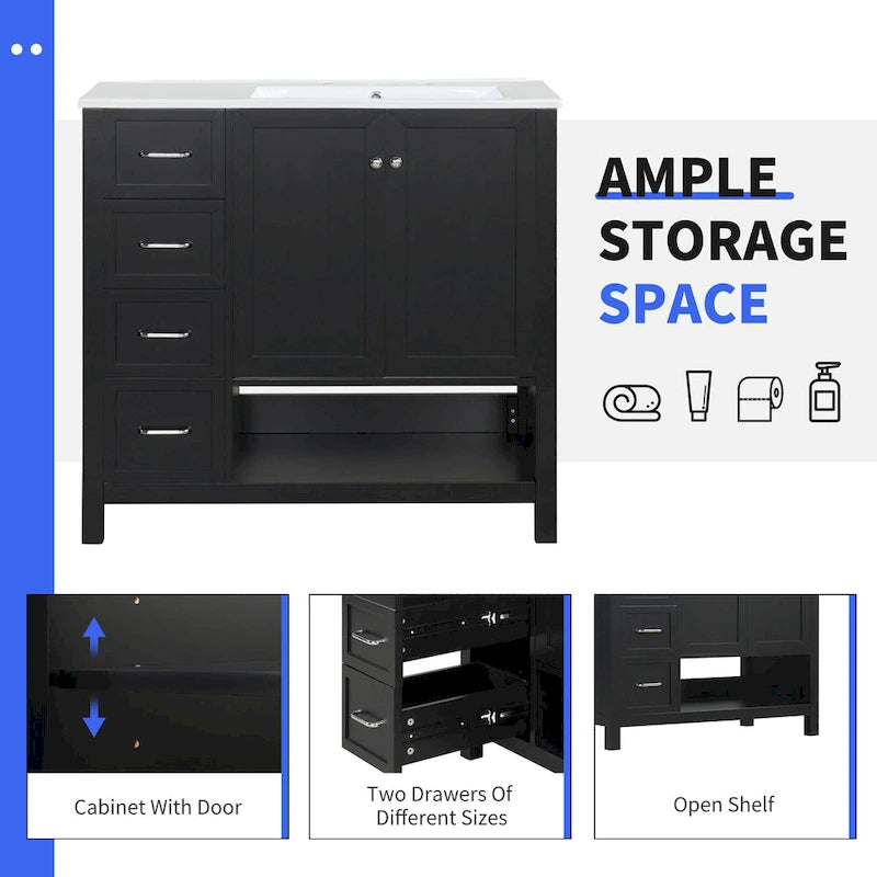 36 Mobile da Bagno Moderno con Lavabo, 2 Armadietti, 2 Maniglie in Metallo e Guide Scorrevoli per Cassetti, Adatto per Spogliatoio Bagno