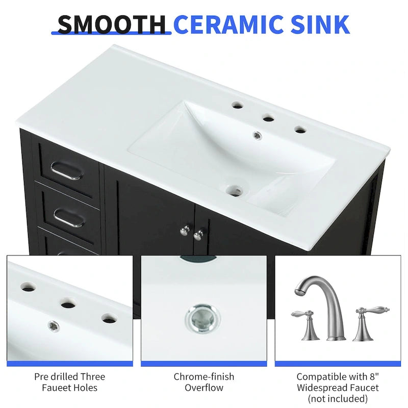 36 Mobile da Bagno Moderno con Lavabo, 2 Armadietti, 2 Maniglie in Metallo e Guide Scorrevoli per Cassetti, Adatto per Spogliatoio Bagno