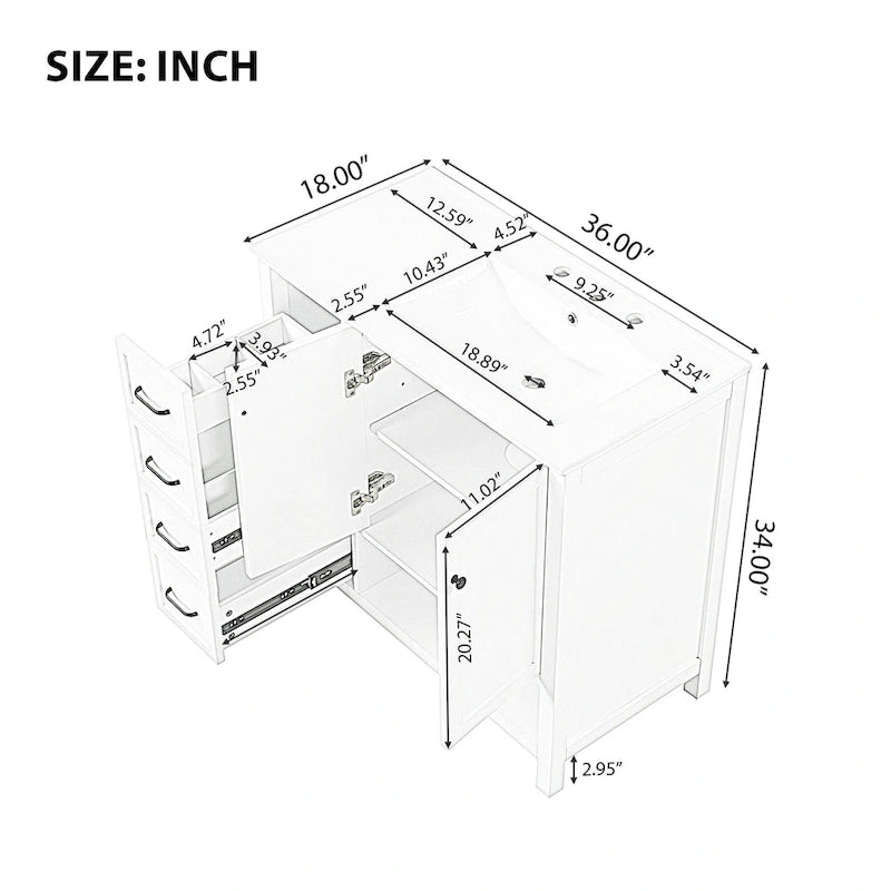 36 Mobile da Bagno Moderno con Lavabo, 2 Armadietti, 2 Maniglie in Metallo e Guide Scorrevoli per Cassetti, Adatto per Spogliatoio Bagno