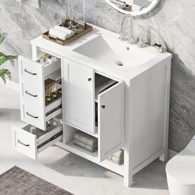 36 Mobile da Bagno Moderno con Lavabo, 2 Armadietti, 2 Maniglie in Metallo e Guide Scorrevoli per Cassetti, Adatto per Spogliatoio Bagno