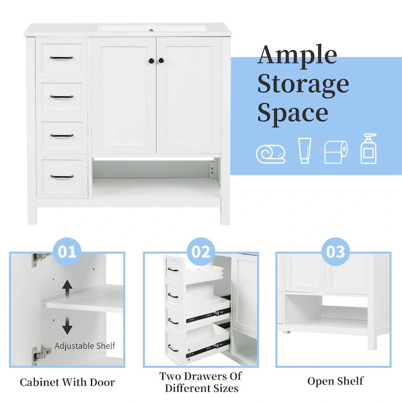 36 Mobile da Bagno Moderno con Lavabo, 2 Armadietti, 2 Maniglie in Metallo e Guide Scorrevoli per Cassetti, Adatto per Spogliatoio Bagno