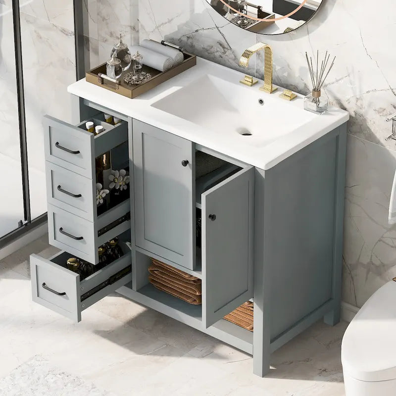 36 Mobile da Bagno Moderno con Lavabo, 2 Armadietti, 2 Maniglie in Metallo e Guide Scorrevoli per Cassetti, Adatto per Spogliatoio Bagno
