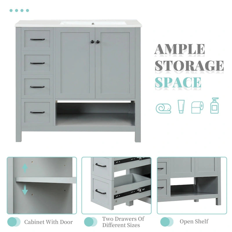 36 Mobile da Bagno Moderno con Lavabo, 2 Armadietti, 2 Maniglie in Metallo e Guide Scorrevoli per Cassetti, Adatto per Spogliatoio Bagno