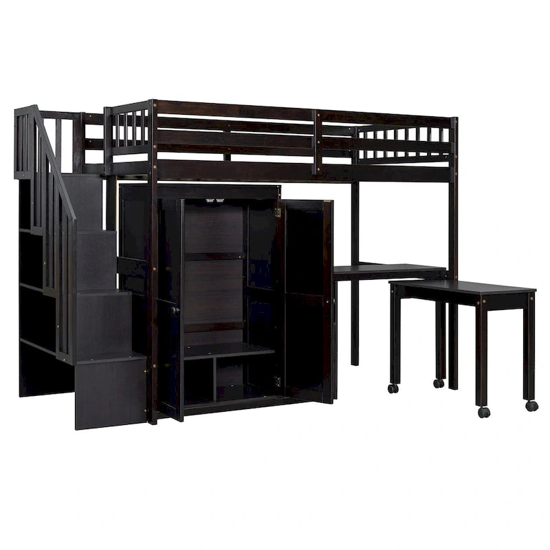 Twin Size Loft Bed with Stairs, Bookshelf, Drawers, Desk & Wardrobe