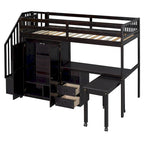 Twin Size Loft Bed with Stairs, Bookshelf, Drawers, Desk & Wardrobe