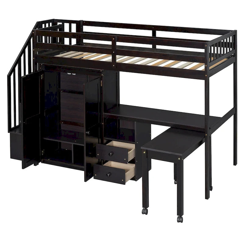 Twin Size Loft Bed with Stairs, Bookshelf, Drawers, Desk & Wardrobe