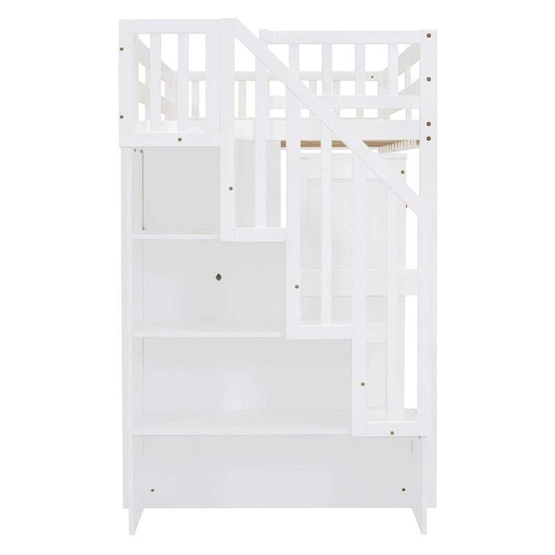 Twin Size Loft Bed with Stairs, Bookshelf, Drawers, Desk & Wardrobe