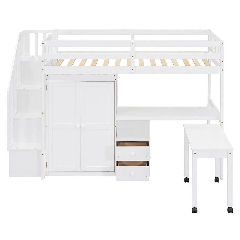 Twin Size Loft Bed with Stairs, Bookshelf, Drawers, Desk & Wardrobe