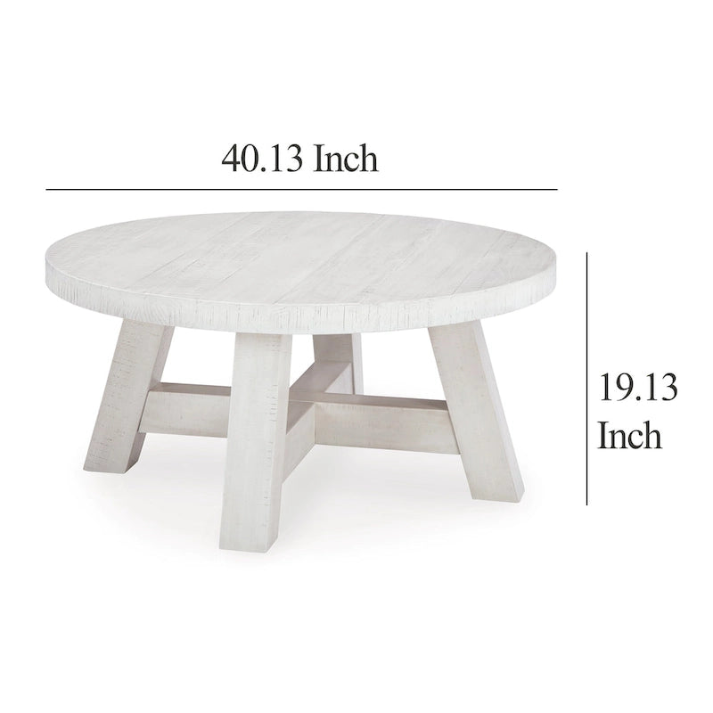 Linie Round Cocktail Coffee Table, Rustic Posts, 40 Inch White Pine