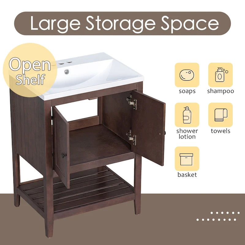 24 Modern Vanity with Ceramic Sink, Wooden Frame and Open Shelf Storage Cabinet, Suitable for Dressing Room, Bathroom