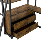 Twin Size Metal&Wood Loft Bed with Desk and Shelves, Two Built-in Drawers, LED Light and USB Charging Station