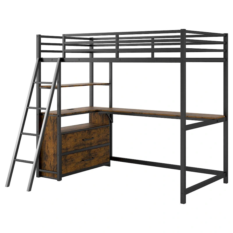 Twin Size Metal&Wood Loft Bed with Desk and Shelves, Two Built-in Drawers, LED Light and USB Charging Station
