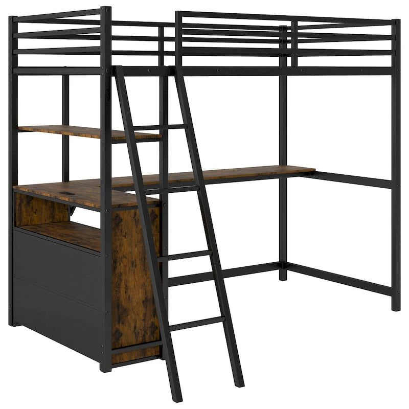 Twin Size Metal&Wood Loft Bed with Desk and Shelves, Two Built-in Drawers, LED Light and USB Charging Station
