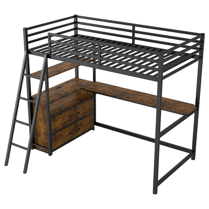 Twin Size Metal&Wood Loft Bed with Desk and Shelves, Two Built-in Drawers, LED Light and USB Charging Station