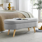 Beige Linen Pleated Storage Ottoman Bench