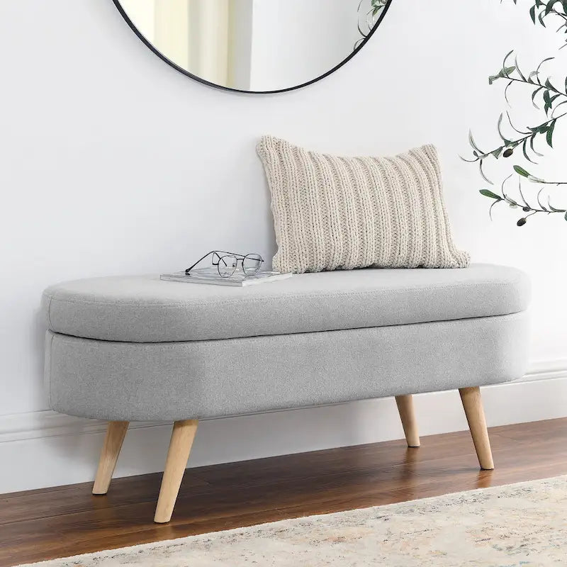 Beige Linen Pleated Storage Ottoman Bench