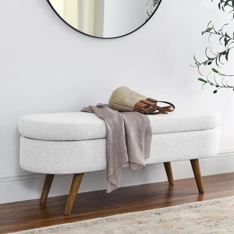 Beige Linen Pleated Storage Ottoman Bench