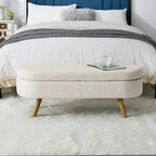 Beige Linen Pleated Storage Ottoman Bench