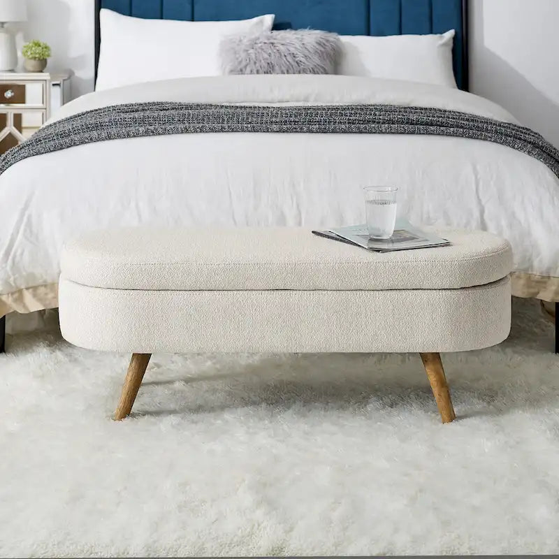 Beige Linen Pleated Storage Ottoman Bench