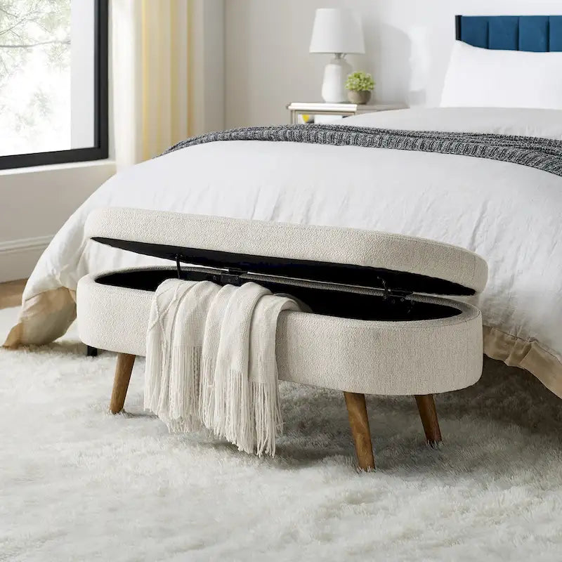 Beige Linen Pleated Storage Ottoman Bench