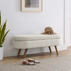 Beige Linen Pleated Storage Ottoman Bench