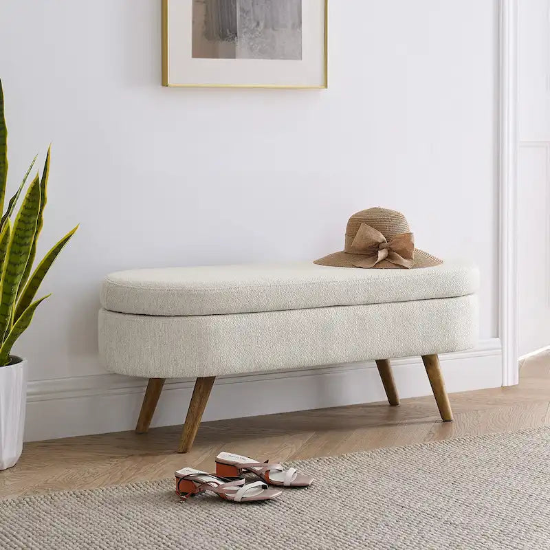 Beige Linen Pleated Storage Ottoman Bench