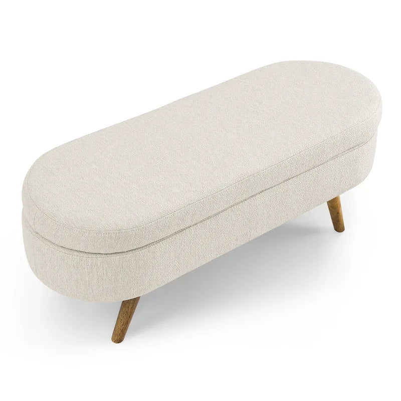 Beige Linen Pleated Storage Ottoman Bench